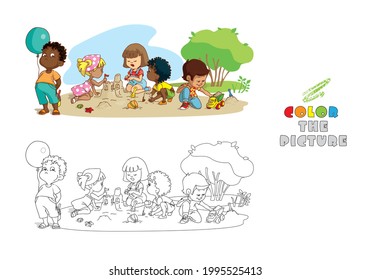 Coloring Page with Color sample. Multiracial Kids playing in a sandbox building a sand castle. Greedy boy stands aside looking angrily. Funny cartoon characters. Hand drawn Vector Illustration.