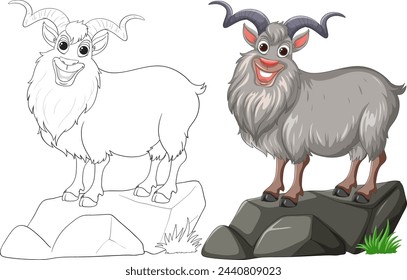 Dibujo para colorear e ilustración en color de una cabra de montaña.