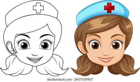 Coloring page and colored nurse illustration.