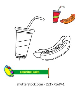 Coloring page and colorful clipart delicious hotdog and cola. Vector illustration.
