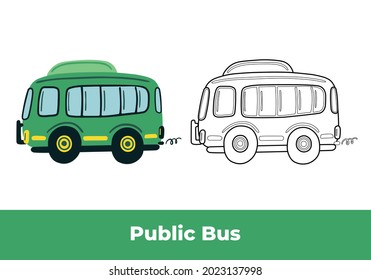 Coloring Page And Colorful Clipart. Hand Drawn Green Town Bus And Black Contour Sketch. Public Transportation. Cute Kids Vector Illustration.