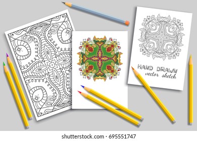 Coloring page with colorful pencils. Colored mandala and monochrome sketch card or invitation design. Doodle floral ornament for painting, pattern for coloring book. Vector template or mock up