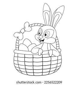 Página de coloreado con la caricatura incolora Hare. Plantilla de libro de colorear con Bunny sentado en una cesta llena de huevos decorados. Practica la hoja de cálculo o la página Anti-estrés para los niños. Juego educativo de contorno lógico.