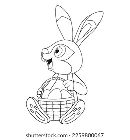 Página de coloreado con caricatura incolora Hare sentada y sosteniendo una cesta llena de huevos. Plantilla de libro de coloreado Conejo de Pascua. Hoja de trabajo de práctica, página Anti-estrés para niños. Juego educativo de contorno lógico.