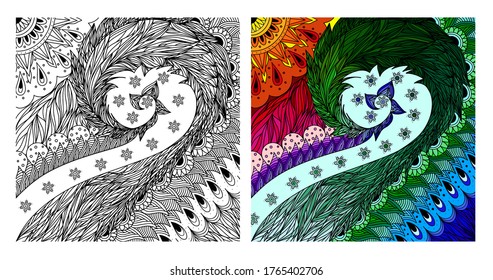 Coloring page. Colorless and color samples for book cover. Freehand sketch drawing for adult antistress colouring with doodle and zentangle elements.