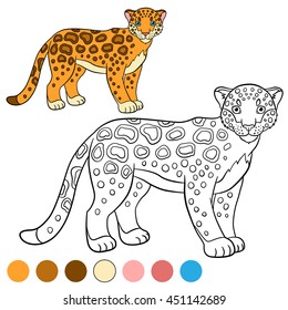 Coloring page with colors. Cute spotted jaguar stands and smiles.