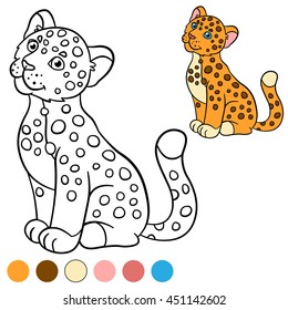 Coloring page with colors. Little cute baby jaguar smiles.