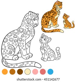 Coloring page with colors. Mother jaguar with her little cute cub.
