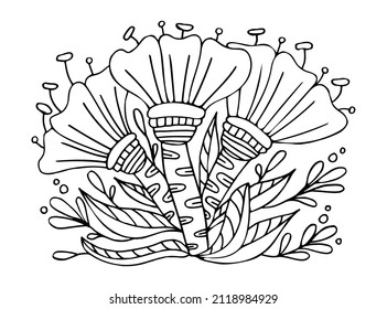 Farbtöne in dünnen Linien: Blumenstrauß mit fantasievollen Gartenpflanzen. Blüten. Handgezeichnete doodle Vektorgrafik. Sommerfarbbuch für Kinder und Erwachsene.