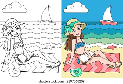 Coloring page. Colouring book vector illustration of beautiful teen age girl  in swimsuit, sitting on beach by the sea. Girl in hat, with book, looking at ship.  Vector illustration