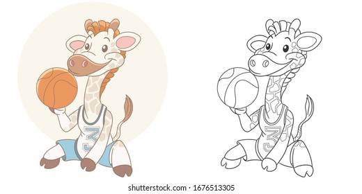 Coloring page. Colouring picture with basketball player. Cartoon animal clipart set for nursery poster, t shirt print, kids apparel, greeting card, wallpaper or banner.