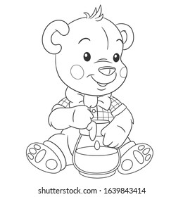 Coloring page. Colouring picture with bear and honey. Cartoon outlined design for nursery poster, t shirt print, kids apparel, greeting card with cute animals.