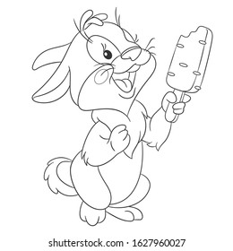 Coloring page. Colouring picture with bunny. Cartoon outlined design for nursery poster, t shirt print, kids apparel, greeting card with cute animals.