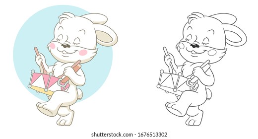 Coloring page. Colouring picture with bunny. Cartoon animal clipart set for nursery poster, t shirt print, kids apparel, greeting card, wallpaper or banner.