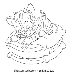 Coloring page. Colouring picture with cat kitten. Cartoon outlined design for nursery poster, t shirt print, kids apparel, greeting card with cute animals.