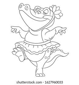 Coloring page. Colouring picture with crocodile. Cartoon outlined design for nursery poster, t shirt print, kids apparel, greeting card with cute animals.