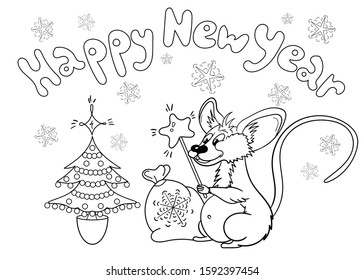 Coloring page. Colouring picture with cute New Year mouse or rat. Animal symbol of 2020 year in Chinese zodiac calendar. Doodle design for adult and kids coloring book.