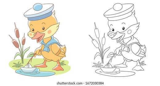 Coloring page. Colouring picture with duck. Cartoon animal clipart set for nursery poster, t shirt print, kids apparel, greeting card, wallpaper or banner.