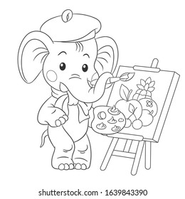 Coloring page. Colouring picture with elephant. Cartoon outlined design for nursery poster, t shirt print, kids apparel, greeting card with cute animals.