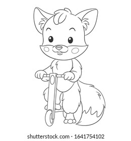 Coloring page. Colouring picture with fox on scooter. Cartoon outlined design for nursery poster, t shirt print, kids apparel, greeting card with cute animals.