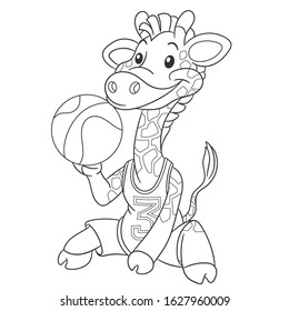 Coloring page. Colouring picture with giraffe basketball player. Cartoon outlined design for nursery poster, t shirt print, kids apparel, greeting card with cute animals.