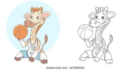 Coloring page. Colouring picture with giraffe. Cartoon animal clipart set for nursery poster, t shirt print, kids apparel, greeting card, wallpaper or banner.