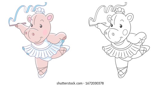 Coloring page. Colouring picture with hippo ballerina. Cartoon animal clipart set for nursery poster, t shirt print, kids apparel, greeting card, wallpaper or banner.