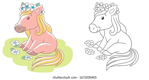 Coloring page. Colouring picture with horse on flower field. Cartoon animal clipart set for nursery poster, t shirt print, kids apparel, greeting card, wallpaper or banner.