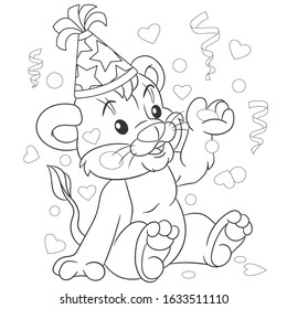 Coloring page. Colouring picture with lion or tiger cub. Cartoon outlined design for nursery poster, t shirt print, kids apparel, greeting card with cute animals.