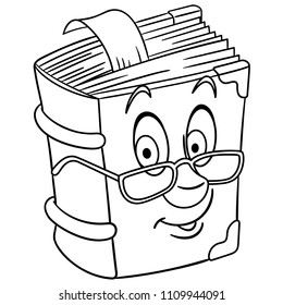 Coloring page. Colouring picture. Old vintage Book. Textbook. Happy cartoon design for t-shirt print, icon, logo, label, patch, sticker. Vector illustration.