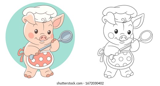 Coloring page. Colouring picture with pig. Cartoon animal clipart set for nursery poster, t shirt print, kids apparel, greeting card, wallpaper or banner.