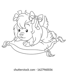 Coloring page. Colouring picture with puppy dog. Cartoon outlined design for nursery poster, t shirt print, kids apparel, greeting card with cute animals.