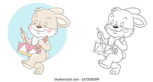 Coloring page. Colouring picture with rabbit. Cartoon animal clipart set for nursery poster, t shirt print, kids apparel, greeting card, wallpaper or banner.