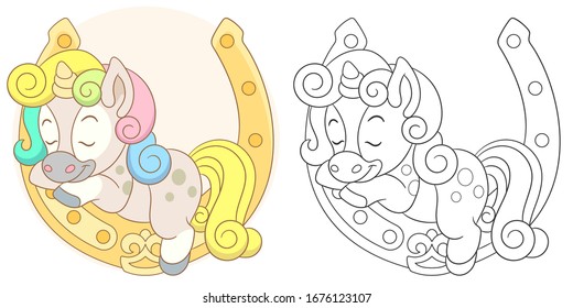 Coloring page. Colouring picture with rainbow unicorn. Cartoon animal clipart set for nursery poster, t shirt print, kids apparel, greeting card, wallpaper or banner.