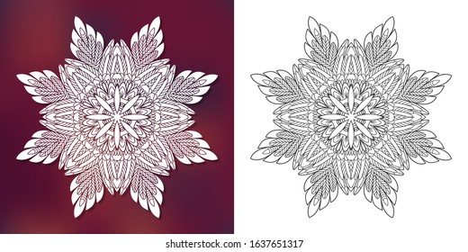 Coloring page. Colouring picture with snowflake mandala. Outlined designs for scrapbooking, poster, t shirt print, apparel, vintage greeting card, yoga template.