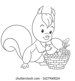 Coloring page. Colouring picture with squirrel. Cartoon outlined design for nursery poster, t shirt print, kids apparel, greeting card with cute animals.