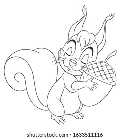 Coloring page. Colouring picture with squirrel and acorn. Cartoon outlined design for nursery poster, t shirt print, kids apparel, greeting card with cute animals.