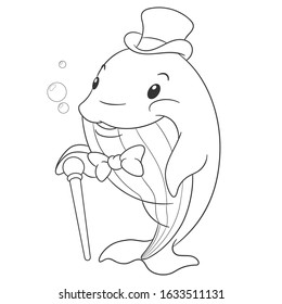 Coloring page. Colouring picture with whale. Cartoon outlined design for nursery poster, t shirt print, kids apparel, greeting card with cute animals.
