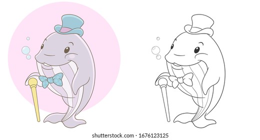 Coloring page. Colouring picture with whale. Cartoon animal clipart set for nursery poster, t shirt print, kids apparel, greeting card, wallpaper or banner.