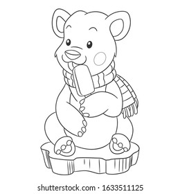 Coloring page. Colouring picture with white polar bear. Cartoon outlined design for nursery poster, t shirt print, kids apparel, greeting card with cute animals.