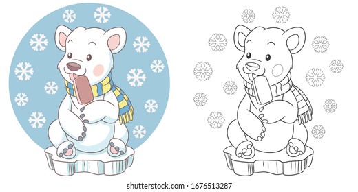 Coloring page. Colouring picture with white bear. Cartoon animal clipart set for nursery poster, t shirt print, kids apparel, greeting card, wallpaper or banner.