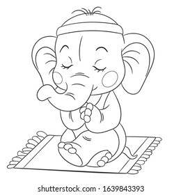 Coloring page. Colouring picture with yoga elephant. Cartoon outlined design for nursery poster, t shirt print, kids apparel, greeting card with cute animals.