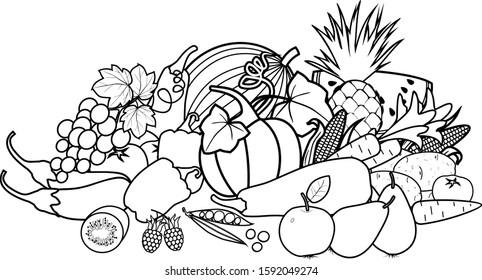 Coloring page. Composition of different vegetables and fruits isolated on white background