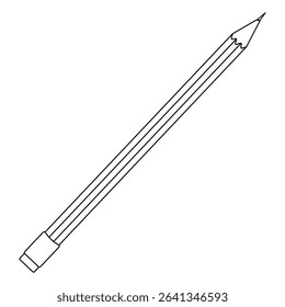 Coloring page with contour drawing of classic sharpened pencil with eraser. For entertaining kids, back to school or education black and white design, DIY craft, educational concept, classroom decor.