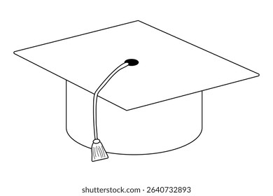 Coloring page with contour drawing of graduation cap with tassel. Academic mortarboard illustration. For entertaining kids, back to school, education or classroom black and white design, and DIY craft