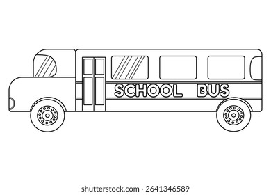 Coloring page with contour drawing of school bus. Side view transportation for students. For entertaining kids, back to school or education black and white design, DIY craft, classroom decor.