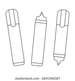 Coloring page with contour drawing of set stationery with highlighter markers vector illustration. For entertaining kids, back to school or education black and white design, DIY craft, classroom decor