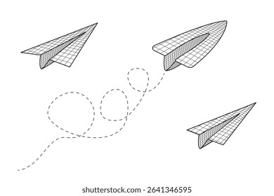 Coloring page with contour drawing of an set paper planes made from grid notebook paper flying. For entertaining kids, back to school or education black and white design, DIY craft, classroom decor.
