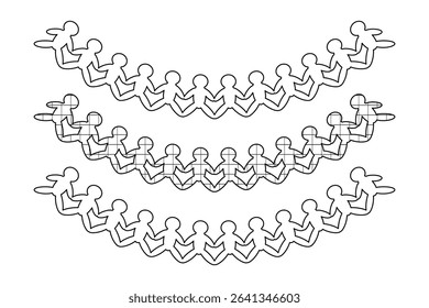 Coloring page with contour drawing with set paper chain of human figures in a curve illustration. For entertaining kids, back to school or education black and white design, DIY craft, classroom decor.