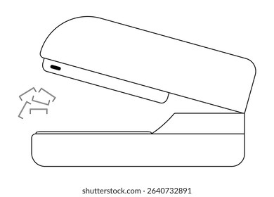 Coloring page with contour drawing of stapler with scattered staples. School or office stationery. For entertaining kids, back to school, education or classroom black and white design, and DIY craft.